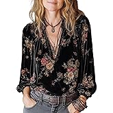 Pinclodly Velvet Tops for Women Deep V Neck Long Sleeve Western Shirt Elegant Loose Pleated Collar Boho Print Floral Blouse