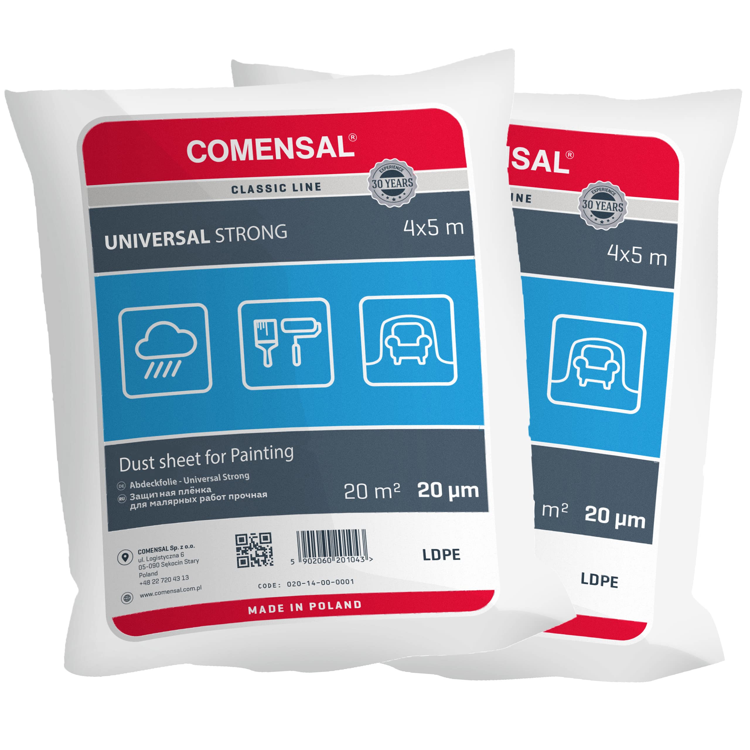 COMENSAL® Polythene Dust Sheet - Pack of 2 pcs - Plastic Dust Sheets for Protecting - Made in EU - 4x5m - 20 Micron