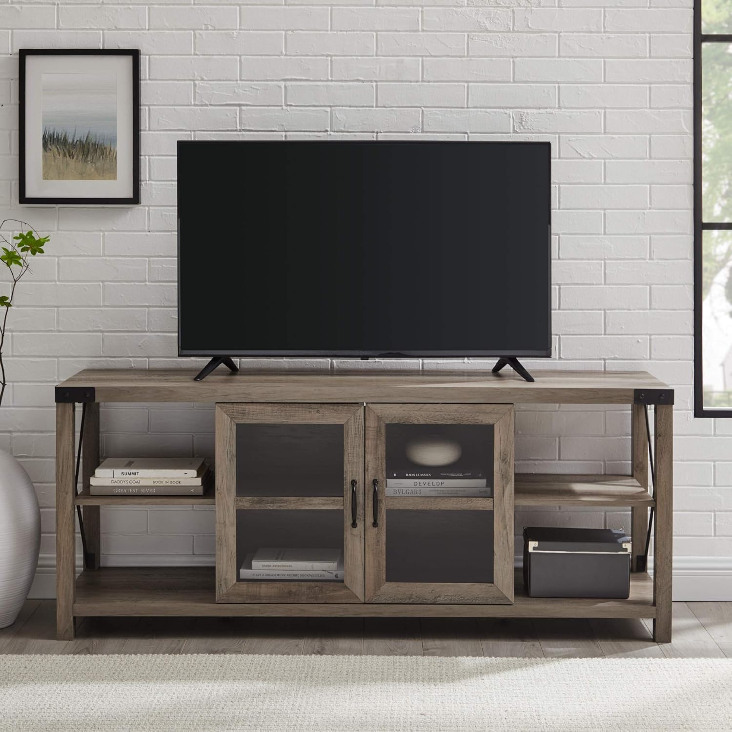 Walker Edison Modern Farmhouse Metal X Wood Stand Storage Cabinet for TV's up to 64" Living Room (60 Inch) - Gray Wash: Furniture & Decor