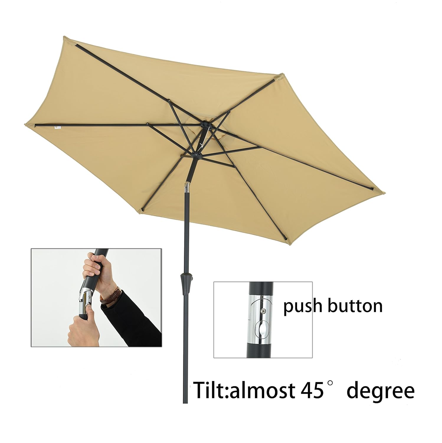 Beige Patio Watcher 9 Ft Patio Umbrella Market Table Umbrella With Push Button Tilt And Crank Outdoor Umbrella With 6 Ribs Umbrellas