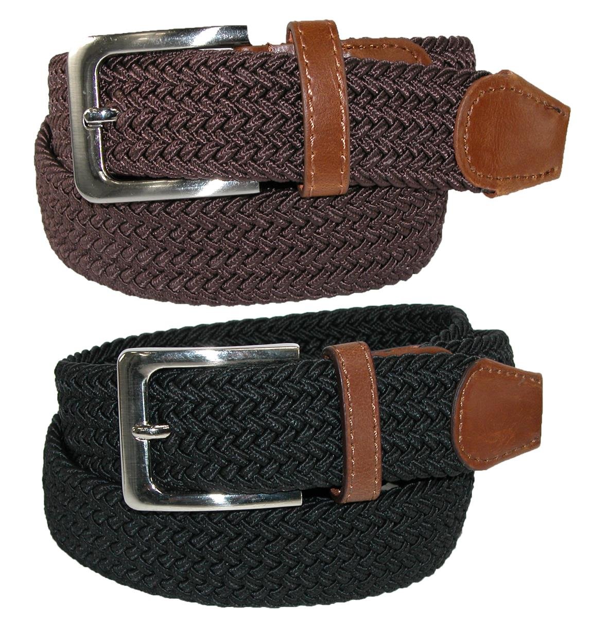 CTM Men's Elastic Braided Stretch Belt With Silver Buckle - Tan Leather Tabs, Adjustable Fit