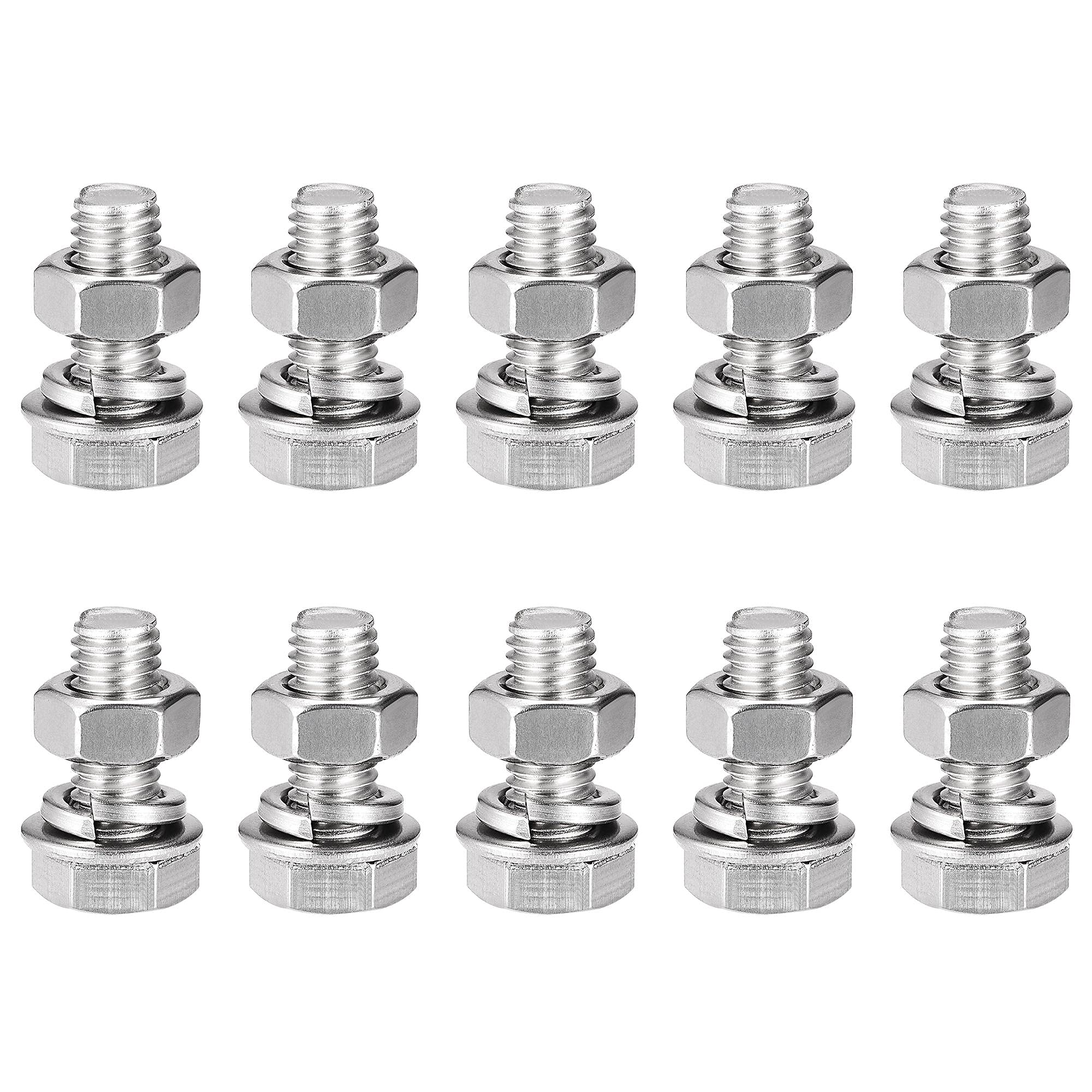 sourcing map M8 x 20mm Hex Head Screws Bolts, Nuts, Flat & Lock Washers Kits, 304 Stainless Steel Fully Thread Hexagon Bolts 10 Sets