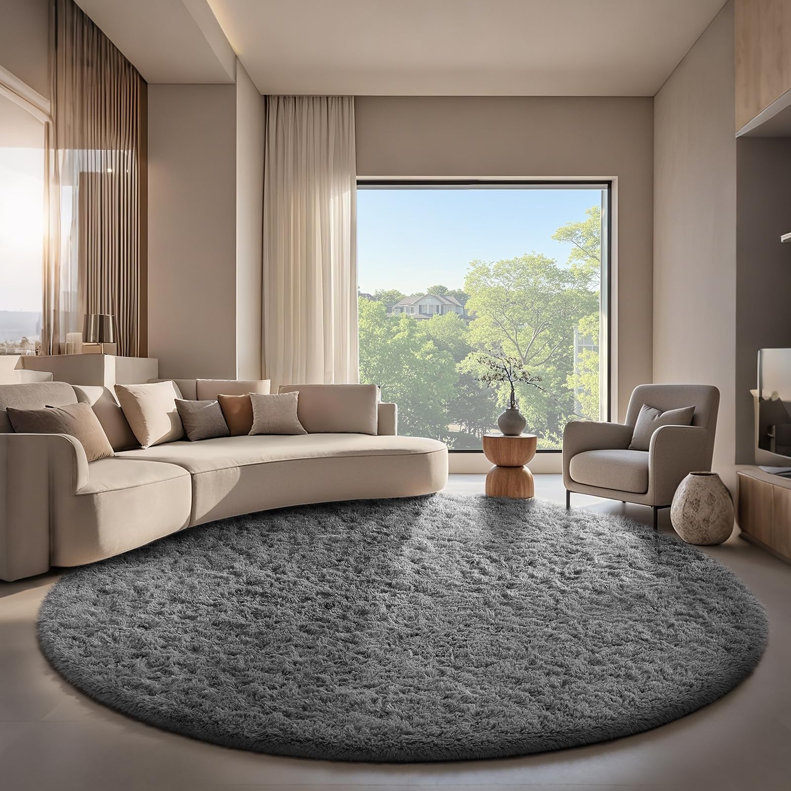 Photo 1 of Ophanie Round Rugs 8Ft Grey Circle Area Rug, Fluffy Fuzzy Bedroom Carpet, Plush Soft Shaggy Indoor Floor Gray Living Room Rugs for Kids Home Decor Aesthetic, Nursery