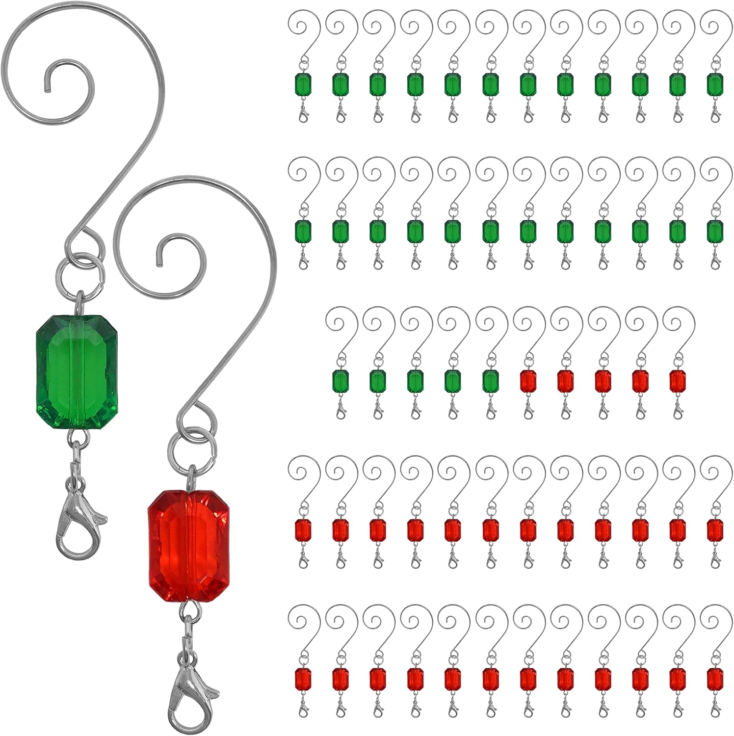Ornament Hooks - BANBERRY DESIGNS Christmas Ornament Hooks - Set of 60 Red and Green Acrylic Silver Wire Ornament Hangers - Decorative Scroll S-Hook Tree Accessorizes with Lobster Claws - Holiday Seasonal Decorations…