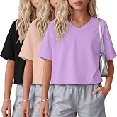 LessonZoo 3 Pack Girls Crop Tops Short Sleeve | Girls Short Sleeve T-Shirts, Summer, Oversized, Crop Tops, Kids, Rolled Cuff, V Neck, Cropped, Athletic Tees 5-14Y