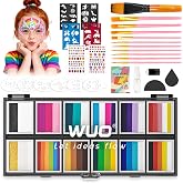 WUO Professional Face Painting Kit for Kids, 12x10g Split Cake Palette | Non-Toxic Water-Activated Adults Rainbow Face &amp; Body Paint Makeup for Costume Parties Halloween, Stencils and Sponge