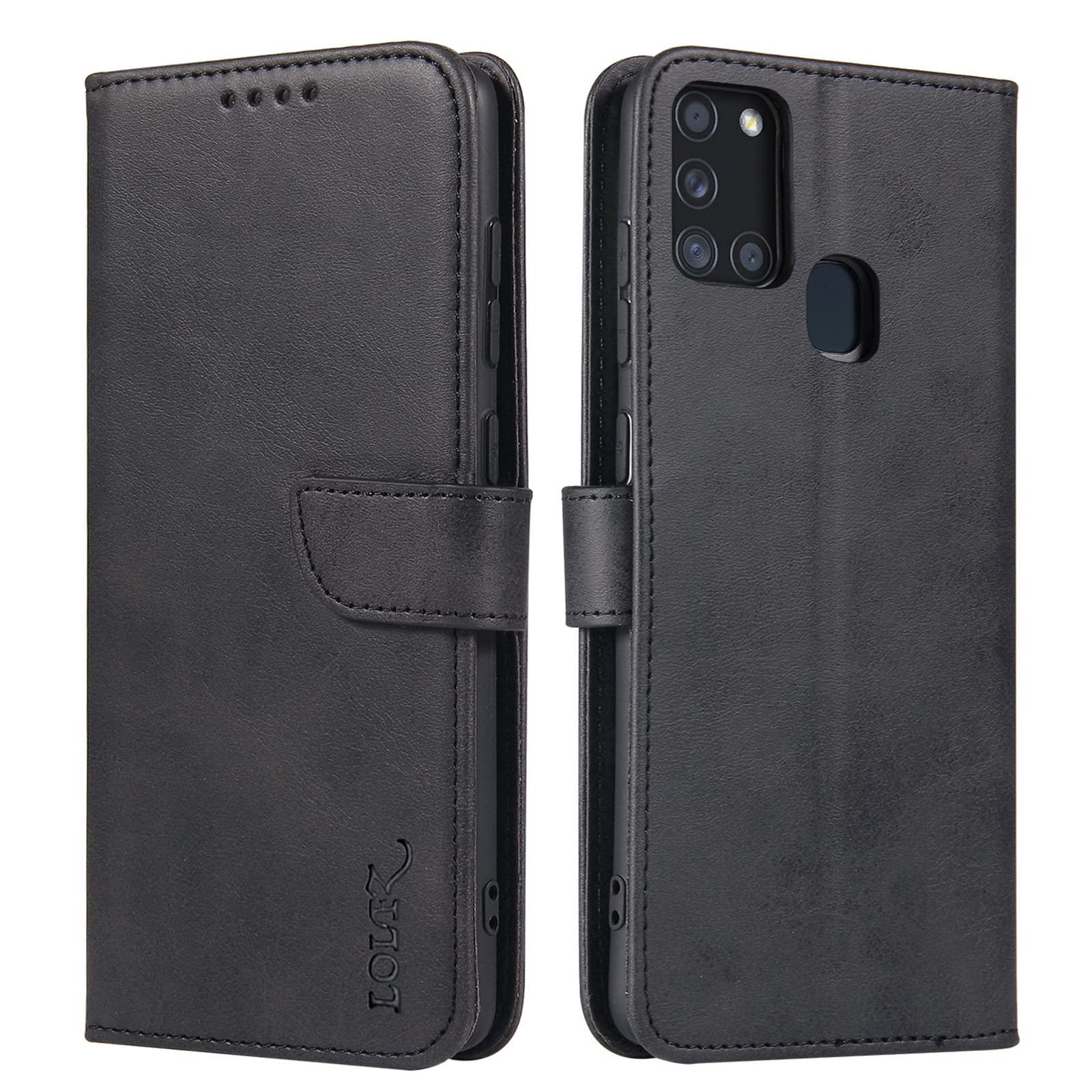 LOLFZ Wallet Case for Samsung Galaxy A21S, Vintage Leather Book Case with Card Holder Kickstand Magnetic Closure Flip Case Cover for Samsung Galaxy A21S - Black