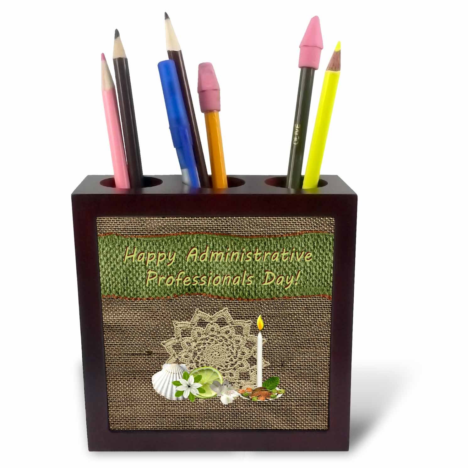 3dRose ph_244119_1 5-Inch "Arrangement/Lime/Candles/Shell/Administrative Professionals Day" Tile Pen Holder