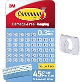 Command Clear Indoor Mini Light Clips Value Pack, 45 Clips, 54 Strips, Damage-Free String Light Hangers for Home, Room, Wall, Office, and Dorm Decor, Great for Cable Management, Holds up to 0.3 lb