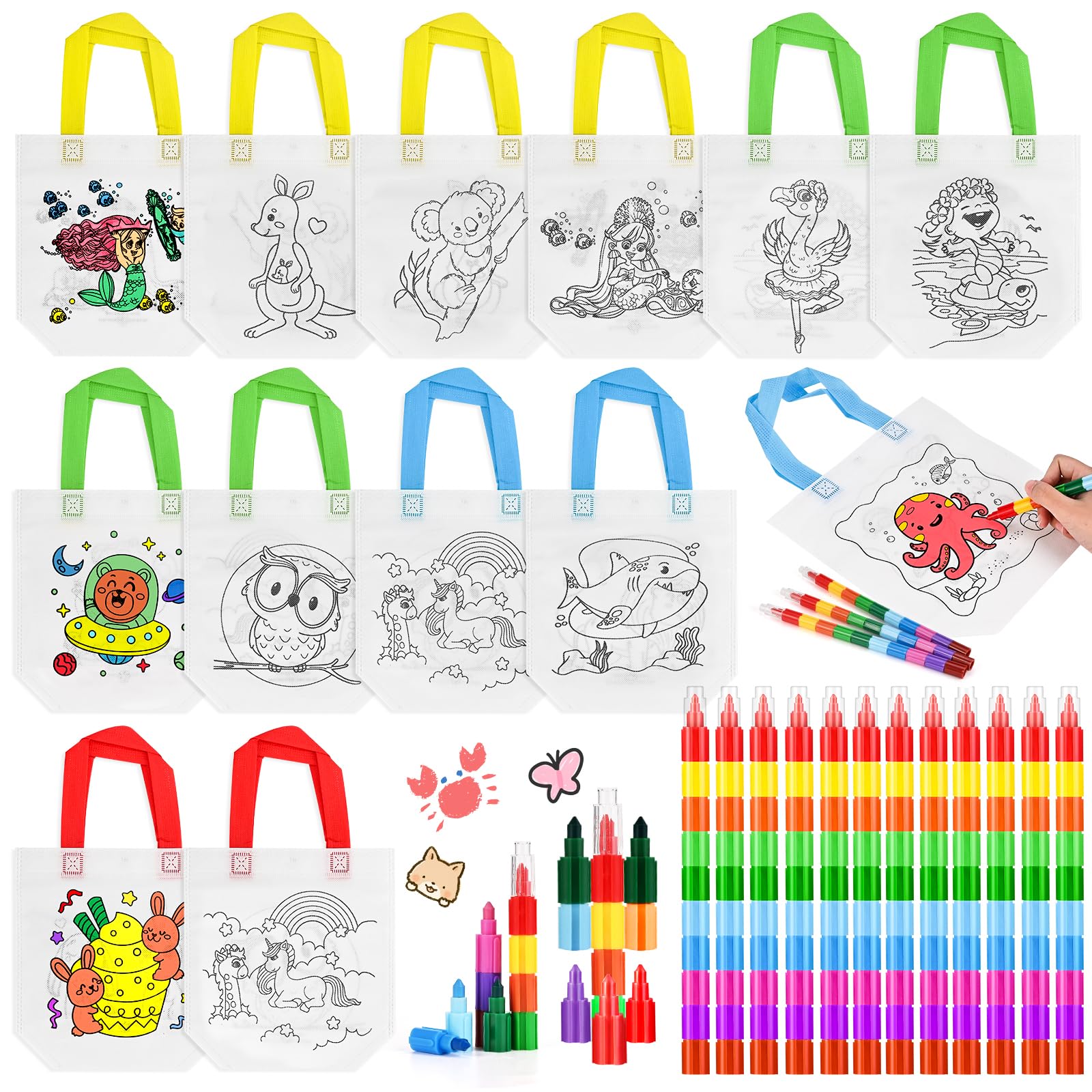 Tigvio Bags for Painting for Children, Pack of 12 DIY Graffiti Non-Woven Fabric Bags for Painting with 12 x 10 Colours in 1 Stackable Wax Crayons, Bag for Painting, Bag Children for Children's