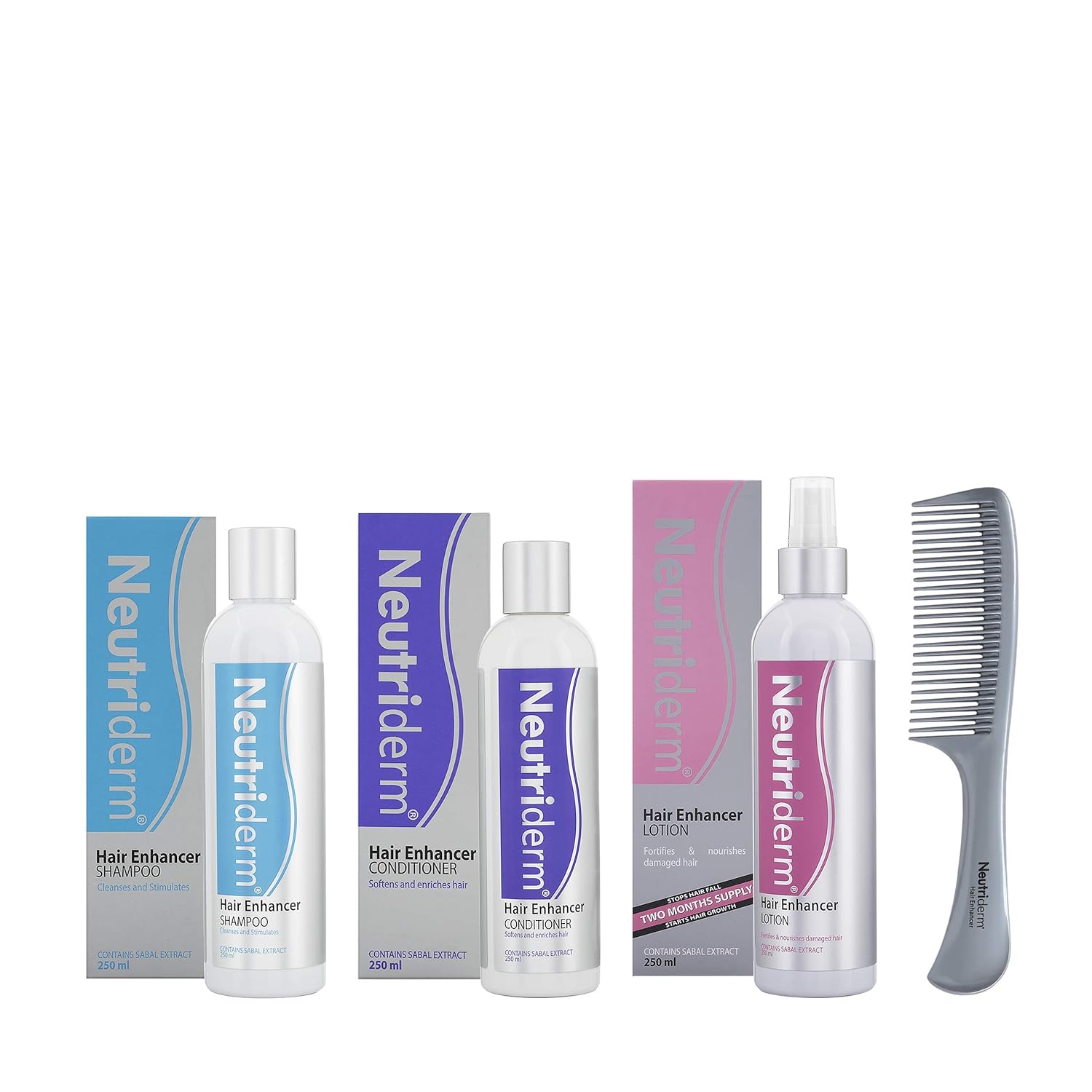 Neutriderm Hair Enhancer Pack - Shampoo 250ml, Conditioner 250ml, Lotion 250ml-Reduce hair loss & hair thinning | anti-static Comb