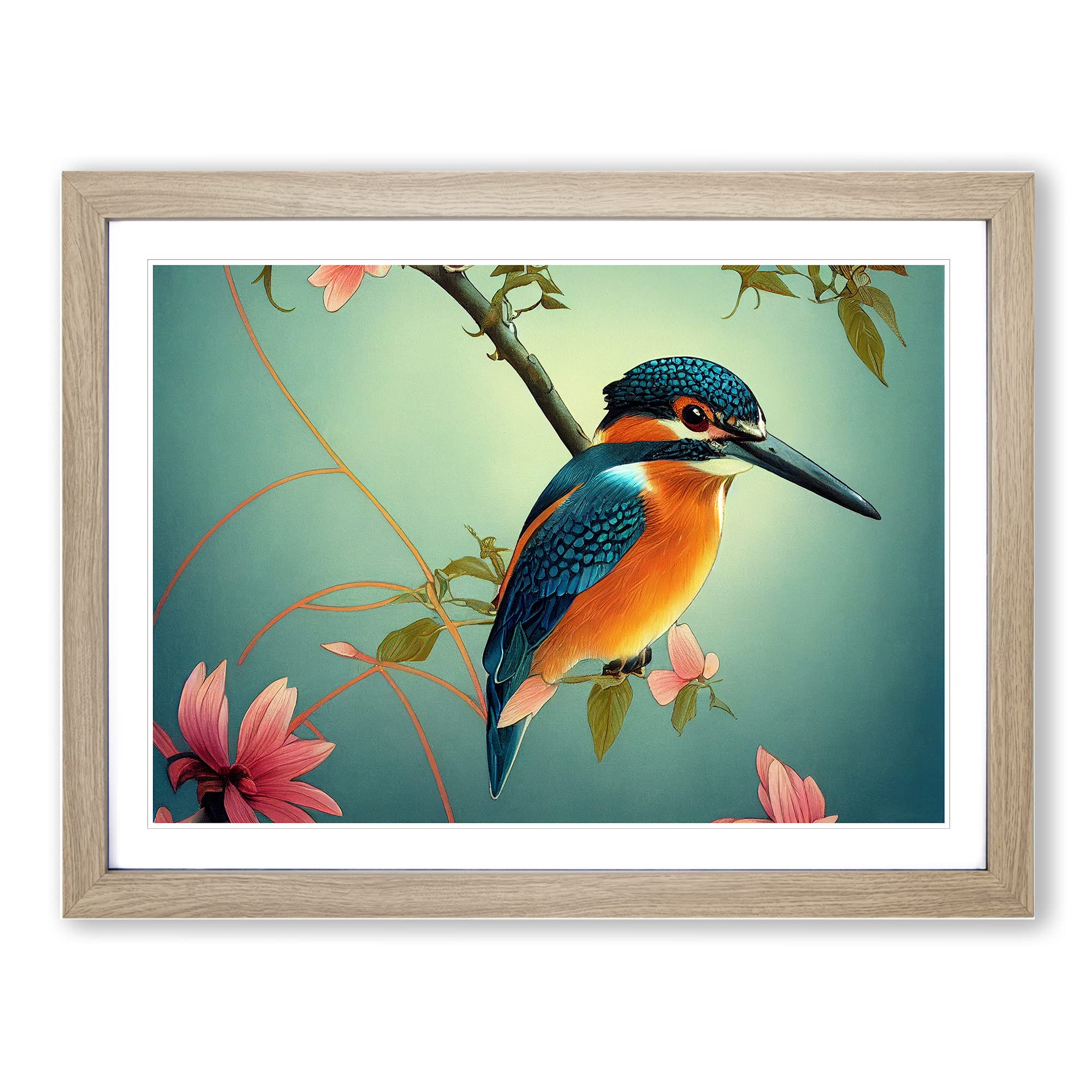 Precious Kingfisher Bird Framed Print | A4 Oak Framed Wall Art | Ready to Hang | Modern Nature Picture | Living Room Bedroom Lounge Office