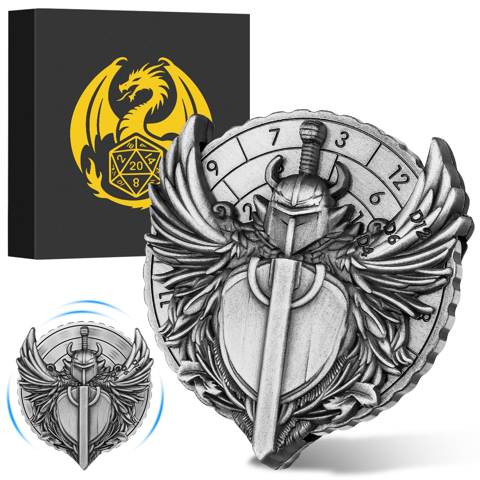 7-in-1 Paladin Knight Fingertip Gyro, DND Wheel Dice Spiner, DND Starter Set, 7-in-1 Metal D&D Dice Set, D&D Gifts with Dragon Logo Gift Box, Tabletop Games, Role Playing Board Game Accessories,Silver — image 1