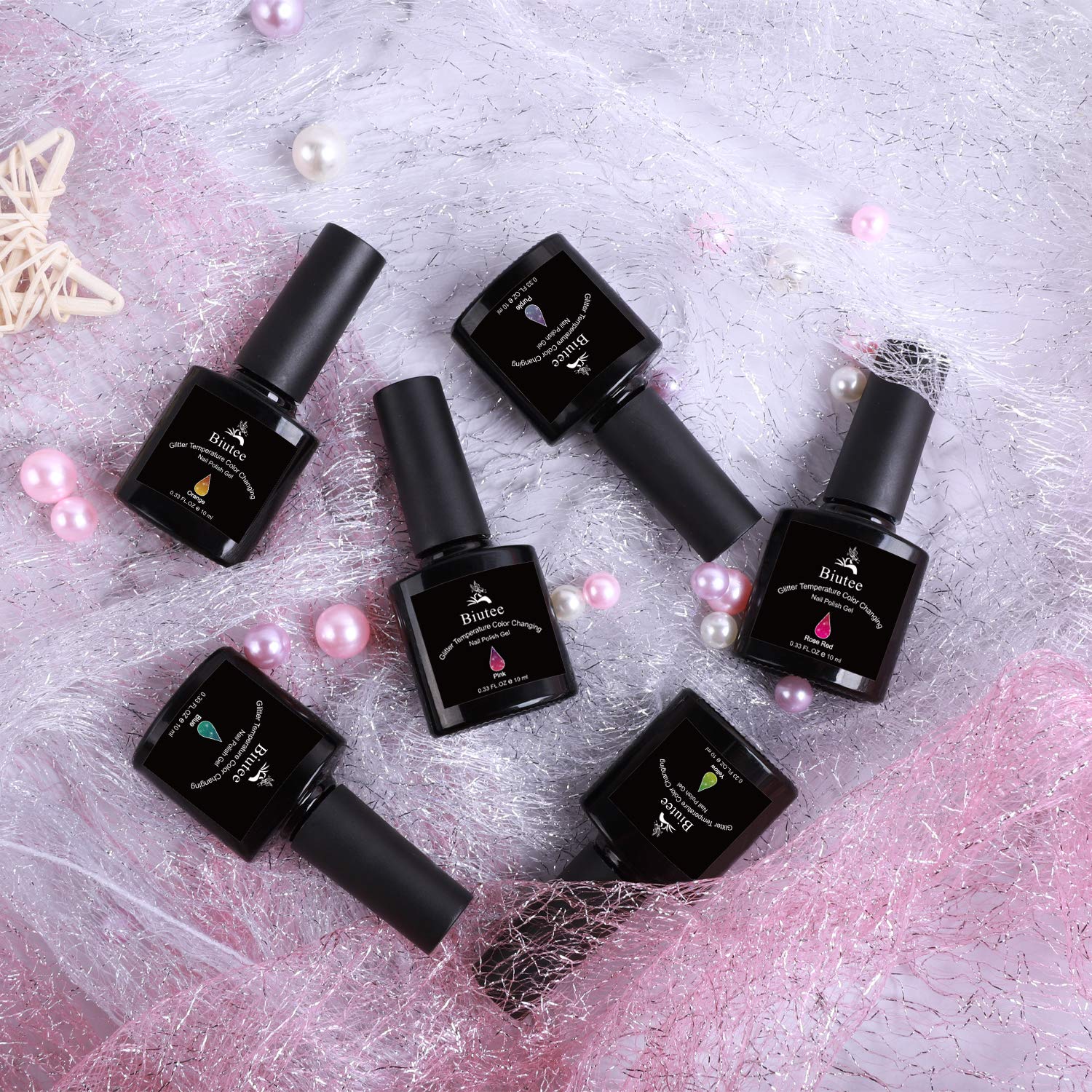 Biutee Glitter Temperature Color Changing Gel Nail Polish Gel Set 6 Colors 0.33 Oz Glitter Gel Polish Soak Off UV LED Nail Polish Set: Beauty