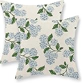 JEFERSO Blue Hydrangea Floral Pillow Covers 18x18 Set of 2 Spring Summer Floral Decorative Pillow Cases Rustic Flowers Decor Throw Pillows Holiday Outdoor Linen Farmhouse Cushion Case for Couch Sofa