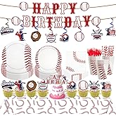 163pcs Baseball Themed Birthday Party Supplies Including Banner,Dinner Plates,Napkins,Forks Disposable Paper Tableware Set Baseball Party Decorations for Kids Serve 24 Guests