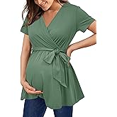 OUGES Women's Maternity Tunics Tops Shirts Long/Short Sleeve Wrap V Neck Nursing Maternity Clothes Casual Pregnancy Blouse