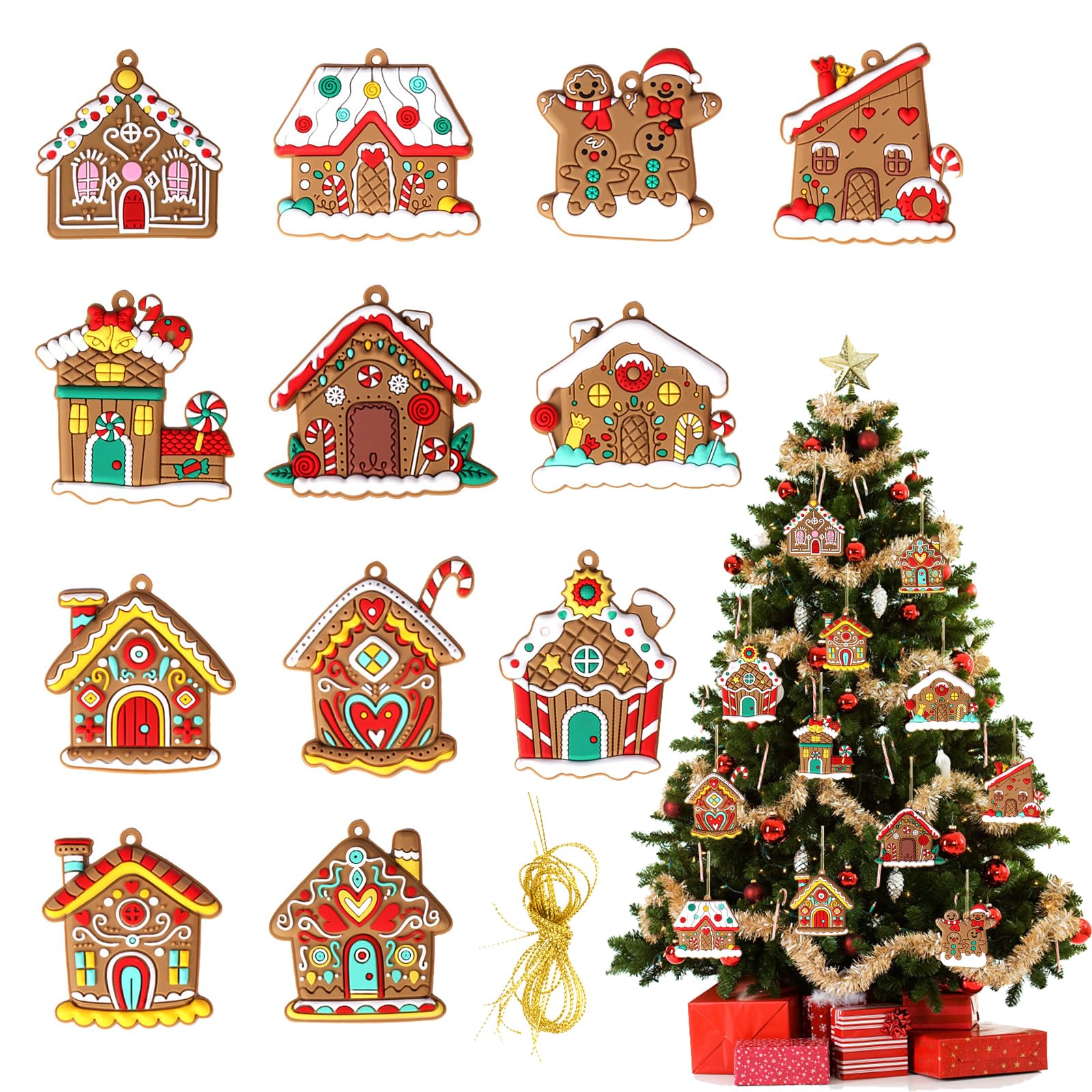 KASESSS 12 Pcs Christmas Hanging Ornament, Gingerbread House Tree Decorations, Plastic Gingerbread Xmas Ornaments with Strings