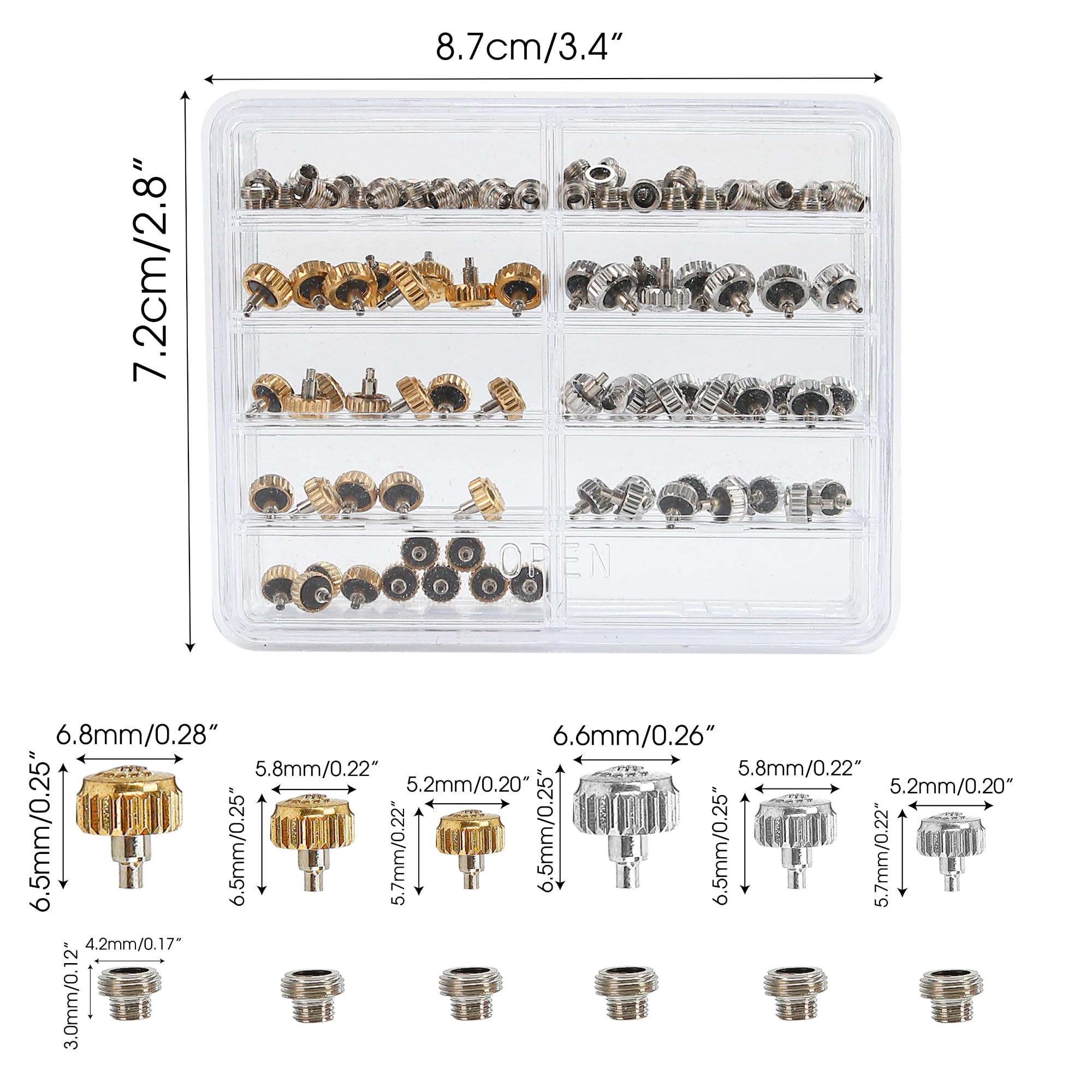 120PCS Watch Crown Replacement Fit for Rolex Calibre 3135 3235 3335, Waterproof Down Screw Copper Bronze Link Accessories Assortment Part Kit, Spare Repairing Removal Tool(Assorted Silver Gold)