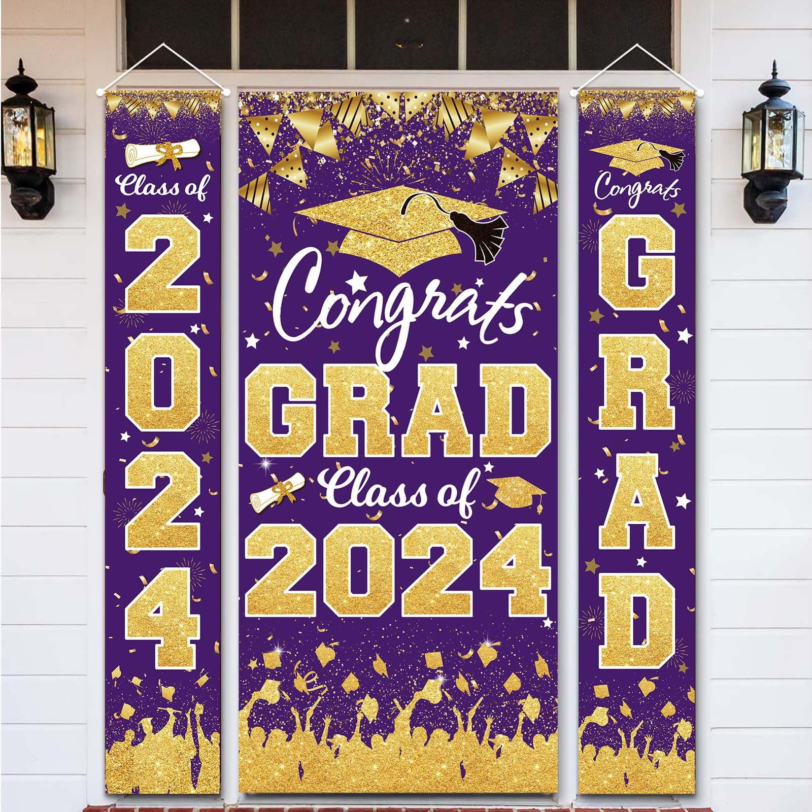 Photo 1 of 2024 Graduation Party Decorations - Purple Gold Class of 2024 Congrats Grad Banner 2024 Graduation Party Supplies Front Door Cover Porch Sign Banner Wall Backdrop Decor