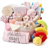 Baby Shower Gifts for Girls, 24 Piece Deluxe Baby Shower Gift Basket - Baby Girl Gift Basket with Swaddle, Rattle, Bath Towel, Brush, Car Seat Activity Toy &amp; Milestone Cards for New Mom(Pink)