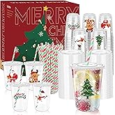 Xuelimei 16oz Christmas Disposable Plastic Cups with Lids and Straws-Xmas Tree Santa Reindeer Snow Cold Drinks, Coffee, Beer, Drinks, Ice Cream, Drinking Cups for Holiday Party Supplies. (100)
