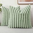 decorUhome Faux Fur Spring Throw Pillow Covers 16x16 Set of 2, Decorative Soft Plush Striped Couch Pillow Covers with Velvet Back for Sofa, Bed, Living Room, Sage Green