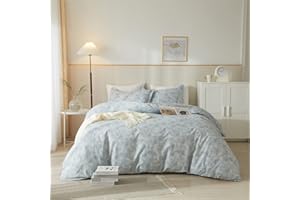 MKXI Duvet Cover King Size Floral White Botanical Printed on Blue Duvet Cover Soft Bed Cover with Zipper Closure 4 Corner Ties