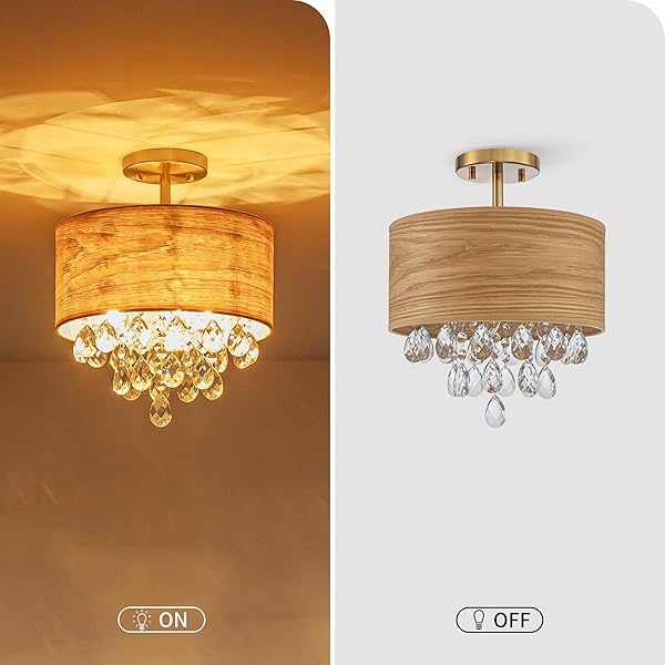 PINE FLICKER 3-LIGHT DRUM WOOD & K9 CRYSTAL CEILING LIGHTS, FARMHOUSE STYLE SEMI-FLUSHMOUNT LIGHT FIXTURE FOR DINING ROOM, LIVING ROOM & BEDROOM, D12 * H14 INCH, SOLID WOOD LAMPSHADE & GOLD FINISH