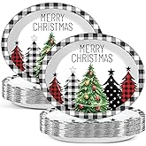 50Pcs Christmas Oval Paper Plates Large Disposable 11'' Dinner Plates Heavy Duty Buffalo Plaid Christmas Tree Black White Party Decoration Xmas Serving Tray for Holiday Party Supplies Tableware Set