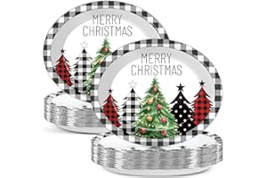 CHUNNIN 50Pcs Christmas Oval Paper Plates Large Disposable 11'' Dinner Plates Heavy Duty Buffalo Plaid Christmas Tree Black White Party Decoration Xmas Serving Tray for Holiday Party Supplies Tableware Set