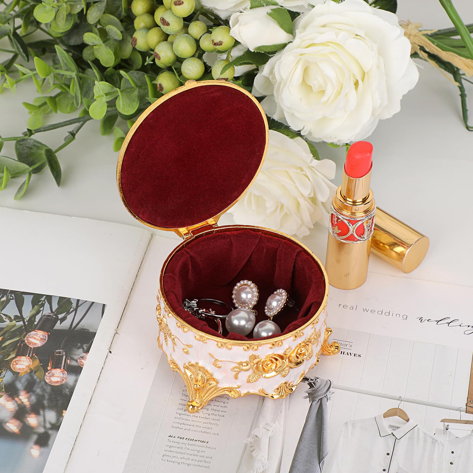 Hipiwe Vintage Round Jewelry Box Small Trinket Storage Organizer Box Gold Metal Chest Ring Case Treasure Box Keepsake Box Earrings Necklace Storage Box Gift for Women, Small