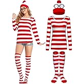 URATOT Halloween Women Costume Sets Red and White Striped T-shirt Knit Beanies Striped Socks Nerd Glasses