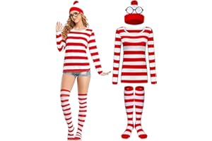 URATOT Halloween Women Costume Sets Red and White Striped T-shirt Knit Beanies Striped Socks Nerd Glasses