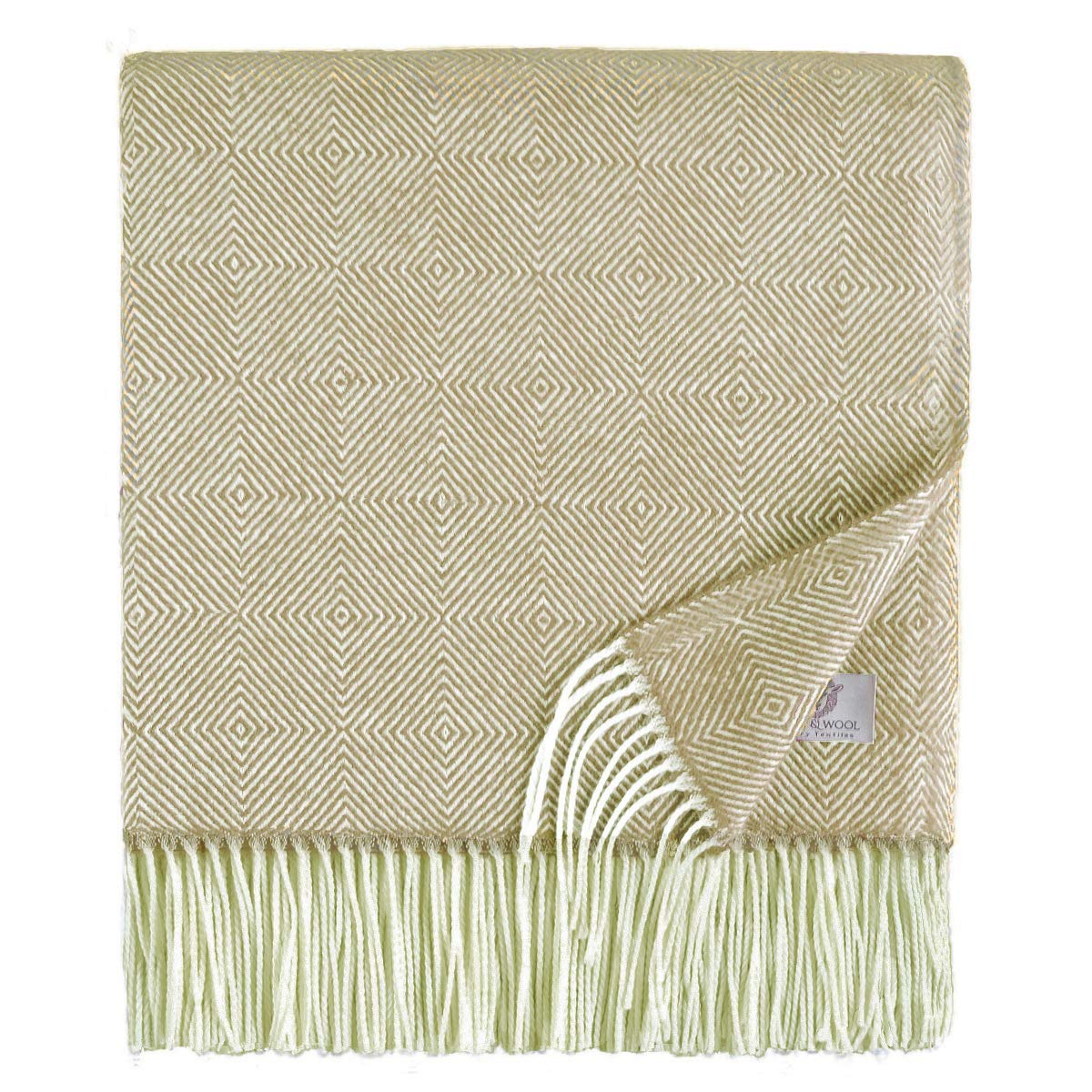 Linen & Cotton Classic Extra Soft Cosy Light Throw/Blanket Diamond - 100% Fine Merino Wool, Beige Cream (140 x 200 cm) Warm Plaid Lambswool for Sofa Bed Bedroom Couch Settee Bedspread Single