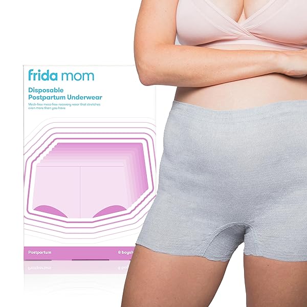 FRIDA MOM WOMEN’S POSTPARTUM UNDERWEAR, DISPOSABLE BOYSHORT UNDERWEAR, SEAMLESS WITH STRETCHY SUPPORT, POSTPARTUM ESSENTIALS, SIZE REGULAR (WAIST 28″-42″ STRETCHED), 8 COUNT, GREY
