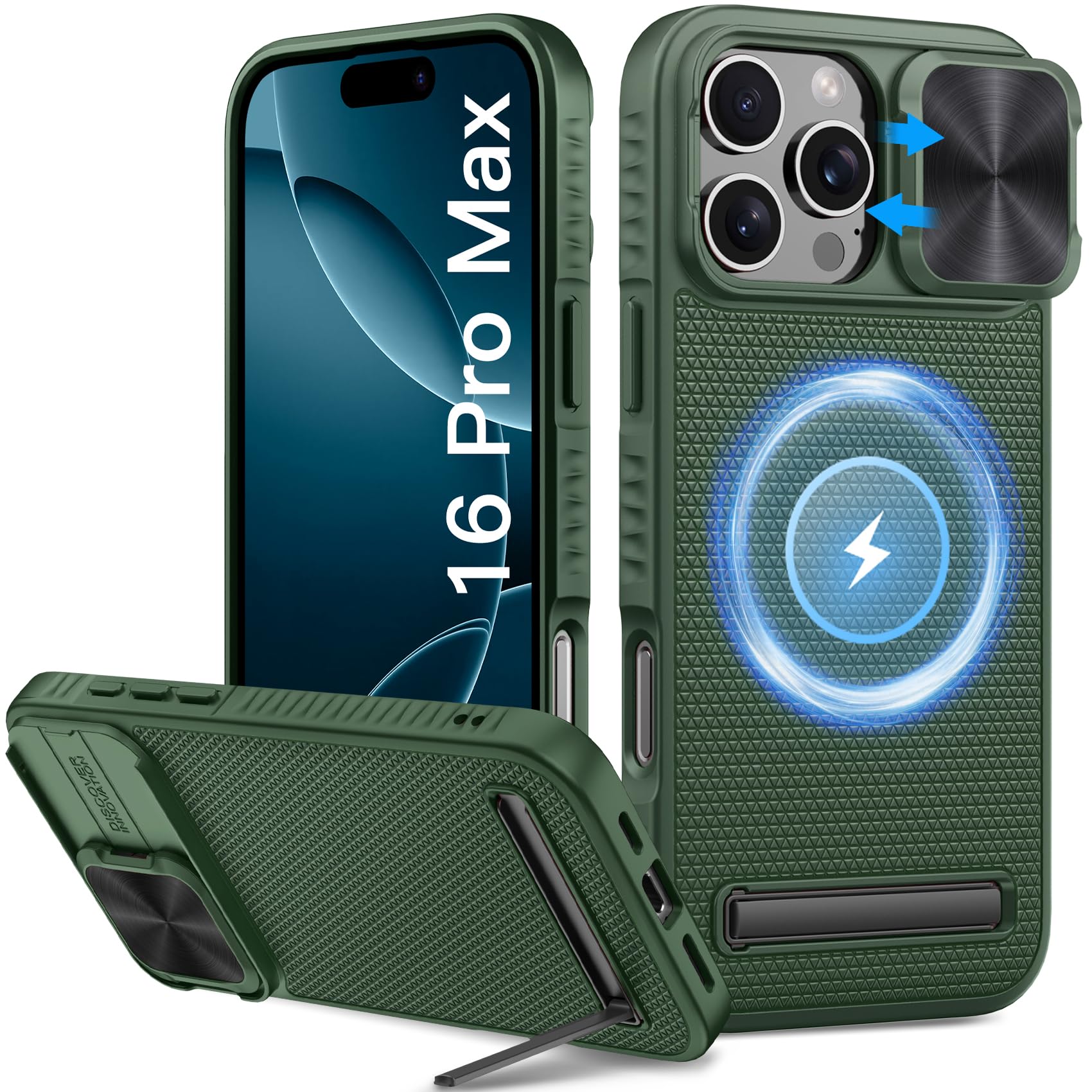 Vihibii for iPhone 16 Pro Max Magnetic Case with Kickstand & Slide Camera Cover, [Compatible with MagSafe], Military-Grade Drop Protection Shockproof Phone Case for iPhone 16 Pro Max 6.9" 2024, Green