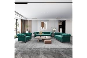 RARZOE 3 Pieces of Living Room Furniture Sofa Sets, Modern Velvet Chesterfield Sofa&Chesterfield Club Chair&Chesterfield Loveseat Sofas Set with Nailhead Trim Scroll Arms for Living Room(Green)