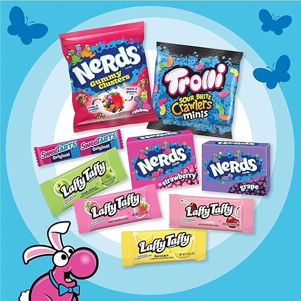 NERDS EASTER CORE WINNERS BASKET FILLER VARIETY BAG, NERDS GUMMY CLUSTERS, SWEETARTS, TROLLI, LAFFY TAFFY, AND NERDS ORIGINAL, 34.3 OZ, 100 COUNT