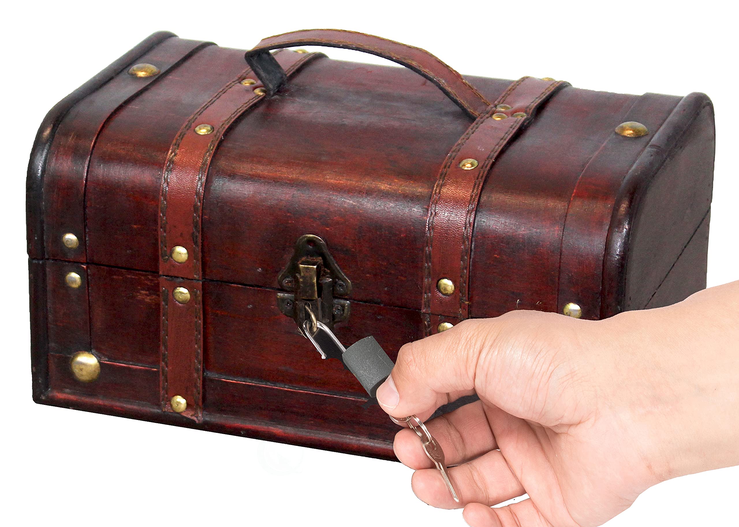 Vintiquewise Decorative Vintage Wood Treasure Box with Handle and Small Padlock