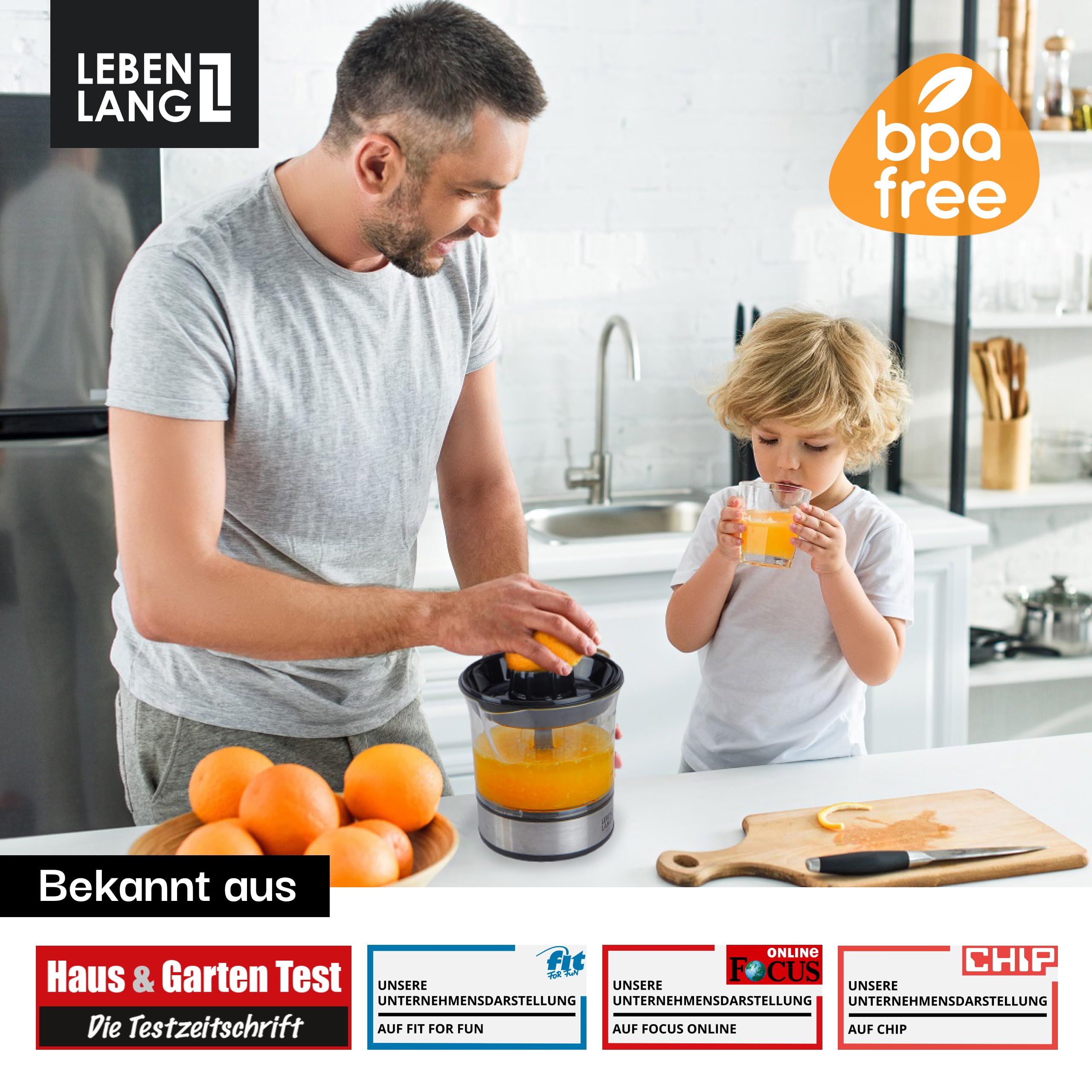 LEBENLANG Zitruspresse elektrisch - 2 Kegel & BPA-Frei I Hohe Saftausbeute I 700ml Orangenpresse elektrische Saftpresse Edelstahl für Zuhause I Entsafter Zitronenpresse Orangensaftpresse 6