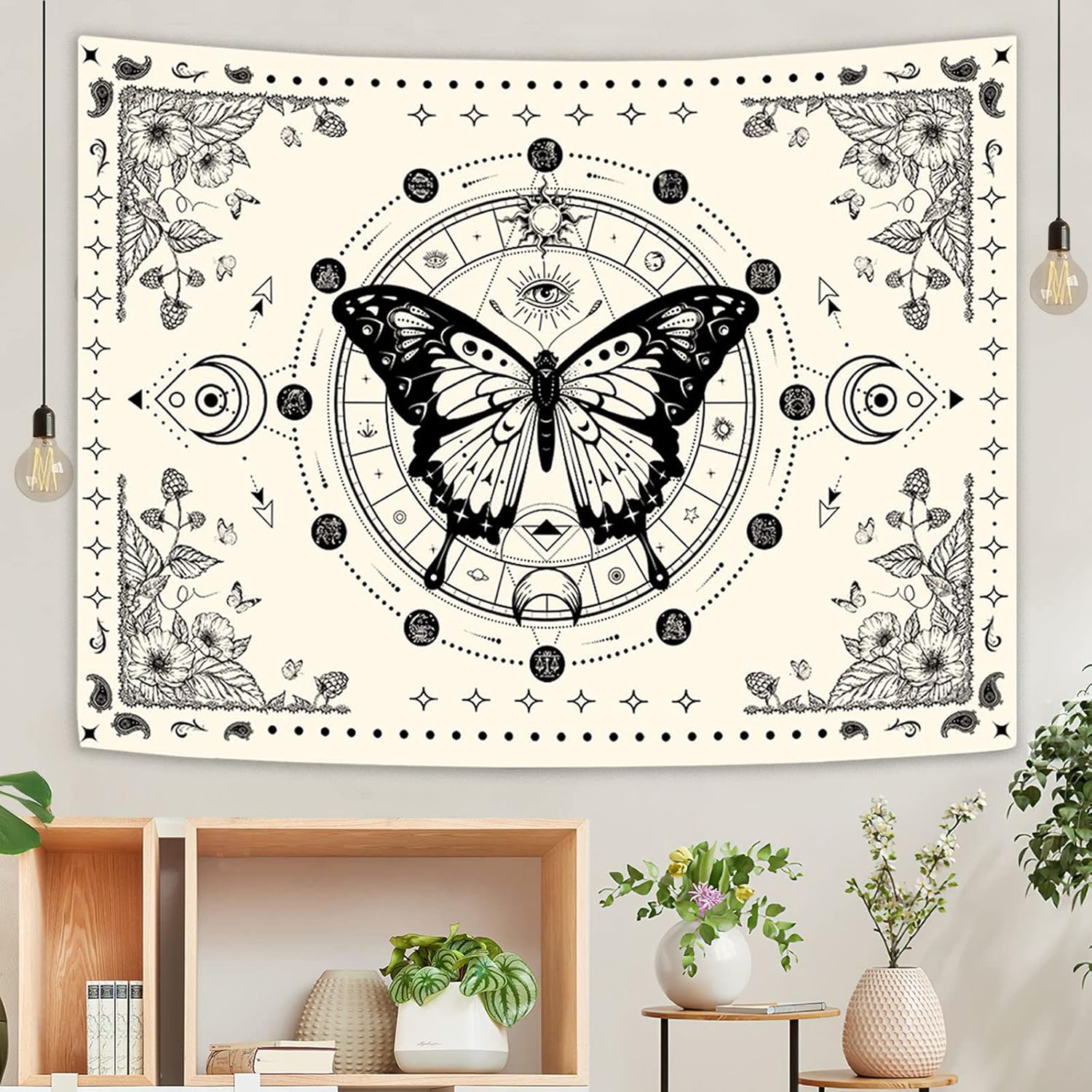 Tapestries - Fungarth Butterfly Tapestry Moon Flower Botanical Plant Floral Tapestry Vintage Aesthetic Tapestries Wall Hanging for Bedroom Living Room Dorm (Beige, 60” x 44”)