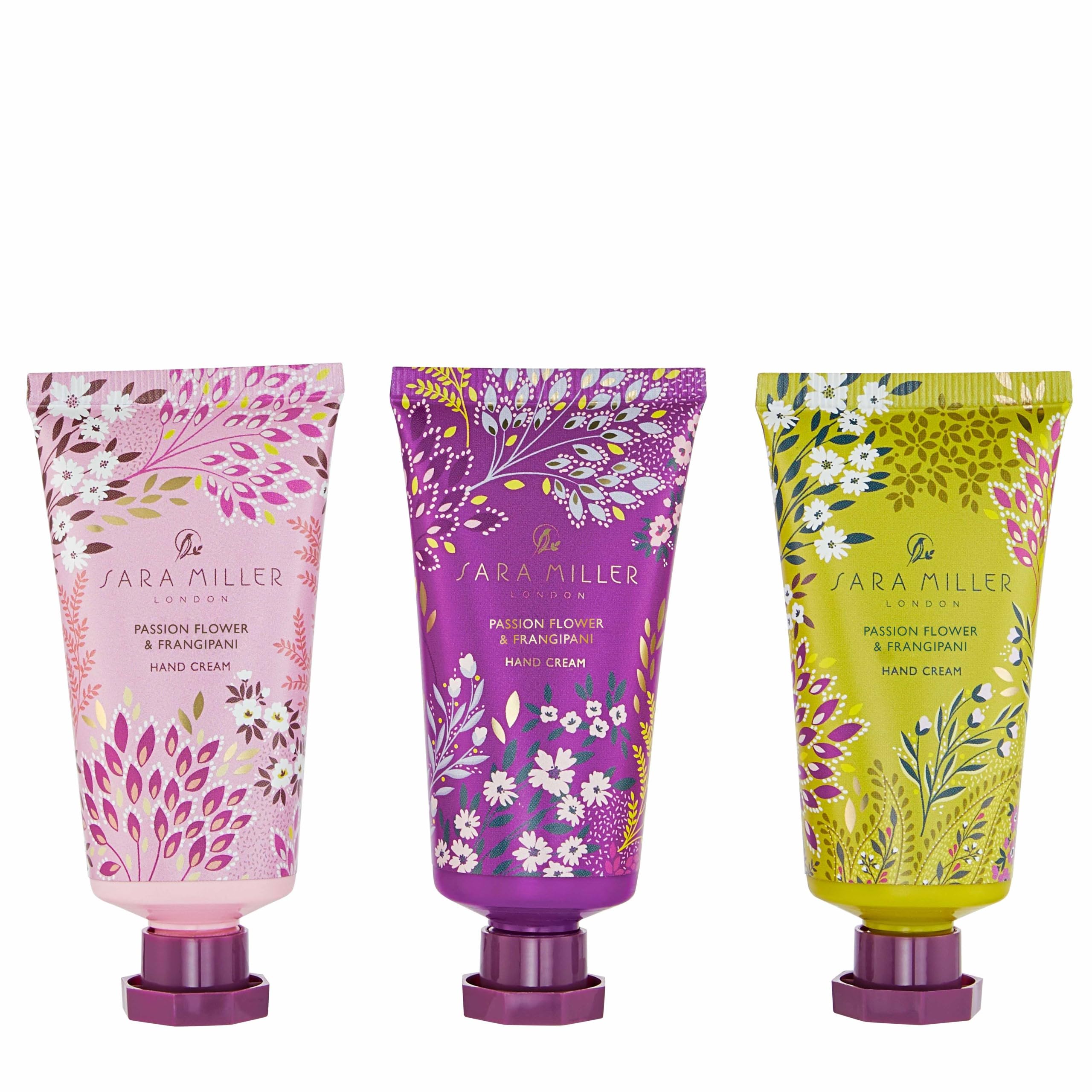 Sara Miller London Hand Cream 3x 30ml, Moisturiser Enriched with Passion Flower and Frangipani, Beauty Gift For Her, Travel Size, Cruelty and Vegan Friendly, Fits in Tote, Cosmetic and Sports Bag