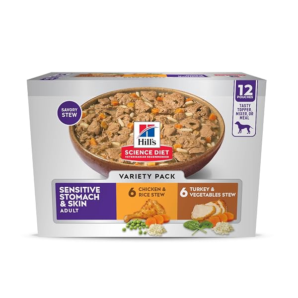 HILL’S SCIENCE DIET SENSITIVE STOMACH & SKIN, ADULT 1-6, STOMACH & SKIN SENSITIVITY SUPPORT, WET DOG FOOD, VARIETY PACK: CHICKEN, TURKEY STEW, 2.8 OZ POUCH, CASE OF 12