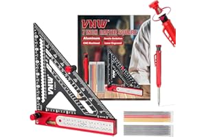 VNW 6 in 1 Rafter Square with Carpenter Pencil, 7in Rafter Square Multi-Purpose Carpenter Tools:Square,Protractor, 1/16" Precision Steel Ruler,Marking Gauge,T-Bevel Gauge,Bubble Level