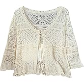 SHENHE Women's Crochet Cardigan Tie Front Hollow Out Sheer Lightweight Knit Cover Up Cardigan