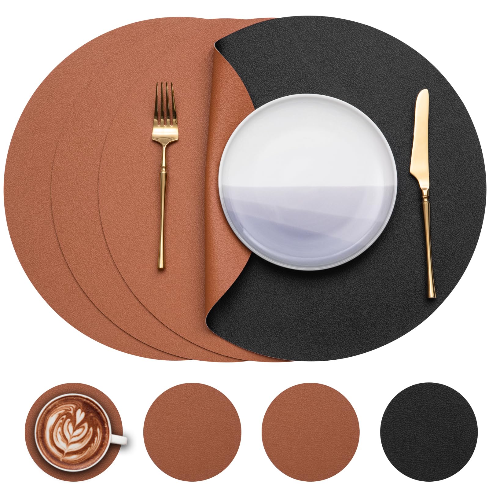Myir JUN Round Table Placemats Set of 4 Faux Leather Place Mats and Coasters 15 inch Round Dual Sided Placemats Non-Slip Wipe Clean Stain Resistant (Black Brown,Set of 4)