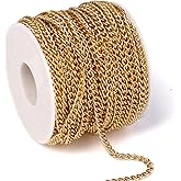 33 Feet 18K Gold PVD Plated Stainless Steel Curb Chain Bulk, 3mm 304 Stainless Steel Flat Twisted Links Chains Roll Spool for Jewelry Making Necklace DIY Craft