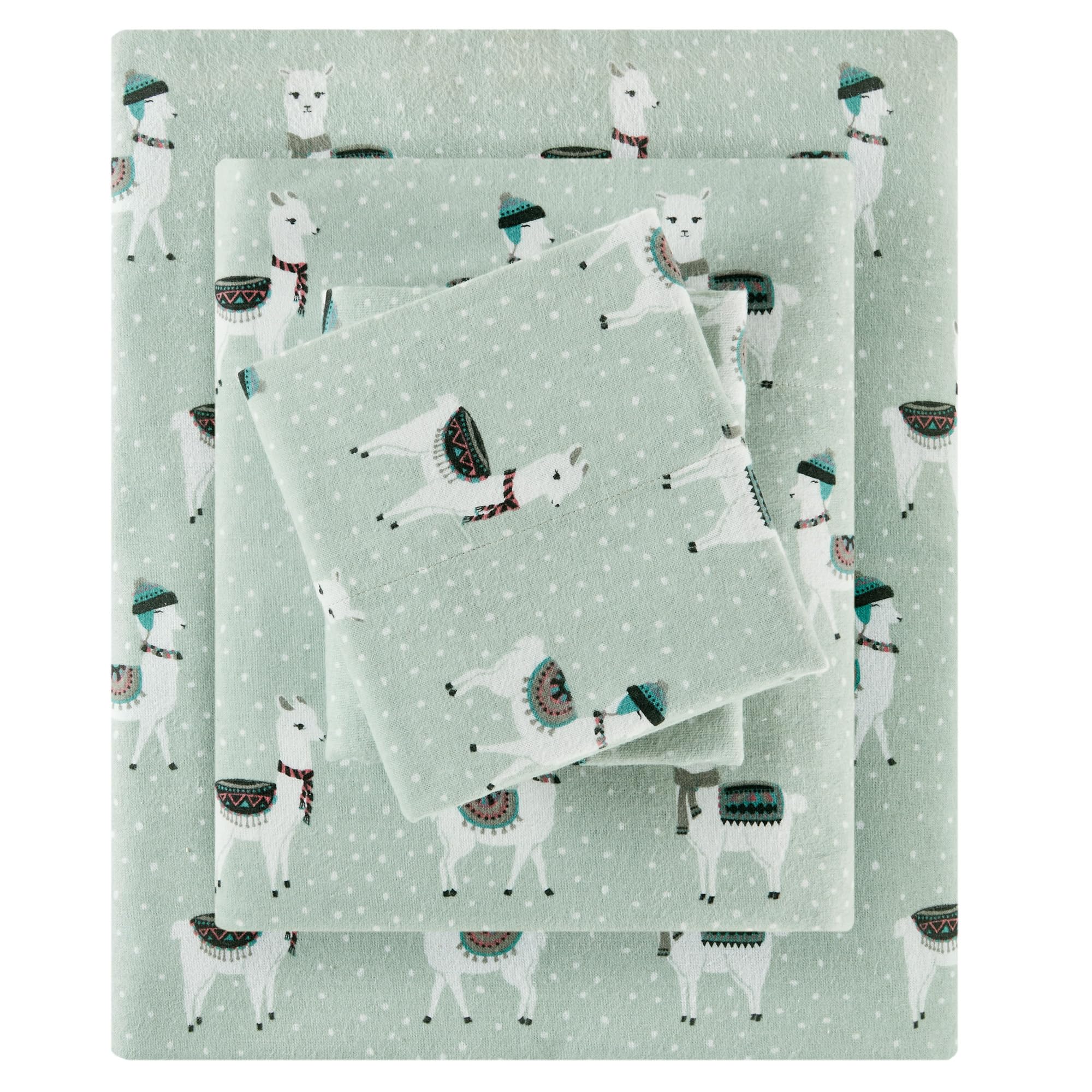 Sleep Philosophy True North Cozy Flannel Warm 100% Cotton Sheet - Novelty Print Animals Stars Cute Ultra Soft Cold Weather Bedding Set, Twin, Seafoam Llama 3 Piece