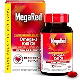 MegaRed Ultra Strength 1000mg Omega-3 Krill Oil Supplement with EPA/DHA, Astaxanthin & Phospholipids, No Fish Oil Aftertaste Supports Heart, Brain, Joint and Eye Health, 60 Count Softgels.